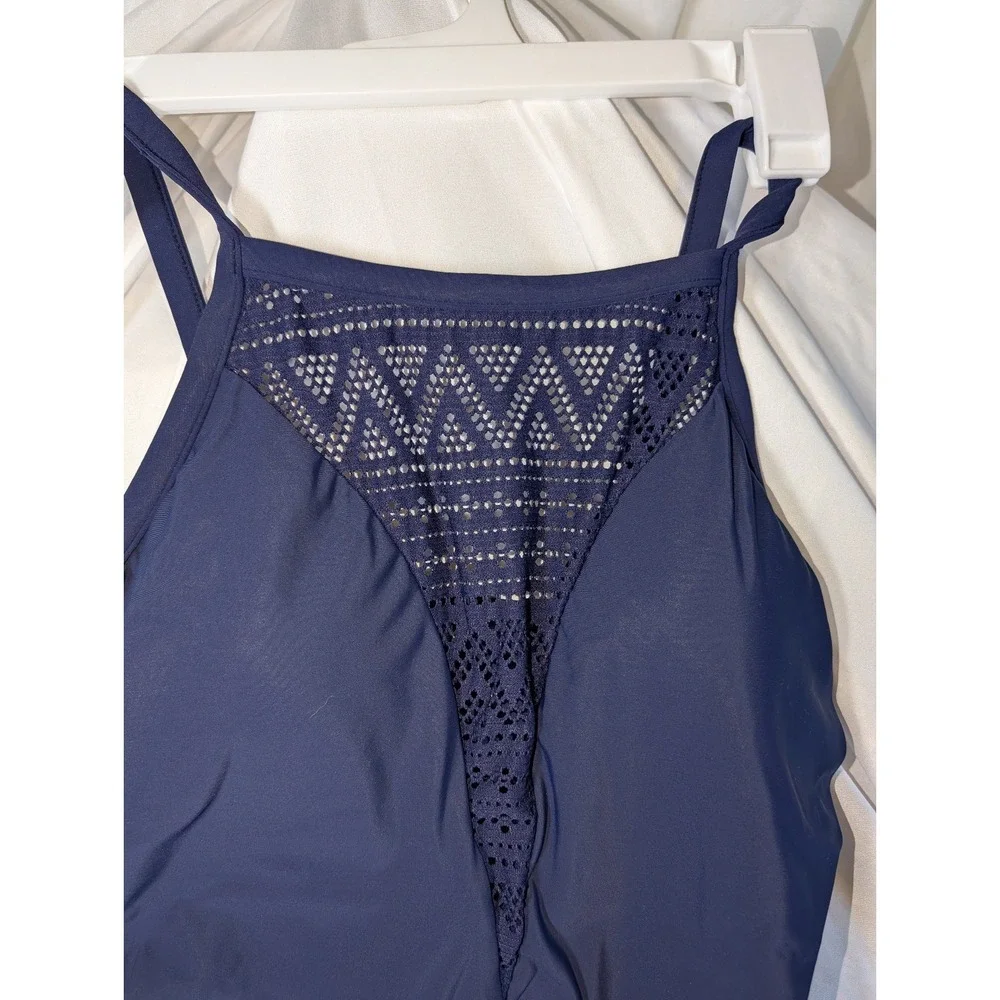 Womens Crochet High Neck One Piece Swimsuit - AquaGreen True Navy L